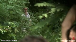 Euro babe Lucy Bell is bound and naked and barefoot walked through public streets then gagged and big dick fucked by master Steve Holmes in various places