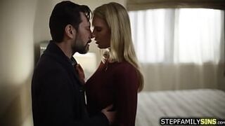 Blonde babe goes to her stepcousins room.She starts stripping after kissing him.The guy removes her panties then licks and fuck her wet pussy
