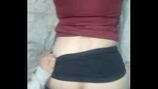 Provocative doggy style: with nothing under her skirt and a tight t-shirt