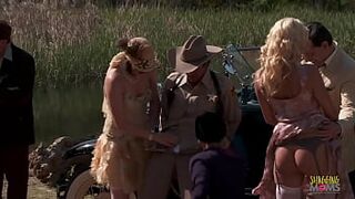 Copper tries to apprehend the thieves but he is outnumbered. As they tie him down, they decide to celebrate. The milfs gather around outside and eagerly await the men to ravage them during group sex.