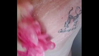 Wife solo shower showing large tits