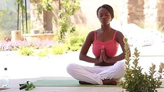 Busty black babe Jezabel does yoga outdoor