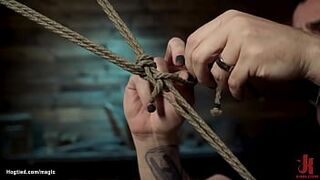 Small tits skinny brunette babe Jazmin Luv is tied on back on the bench with hands and legs tied to the floor then whipped by master The Pope